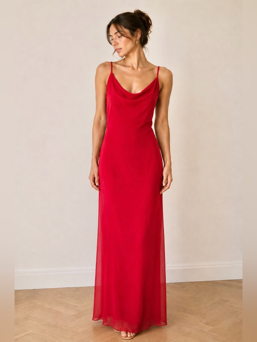 Naked Wardrobe Red Chiffon Maxi Slip Dress 90s Minimalist